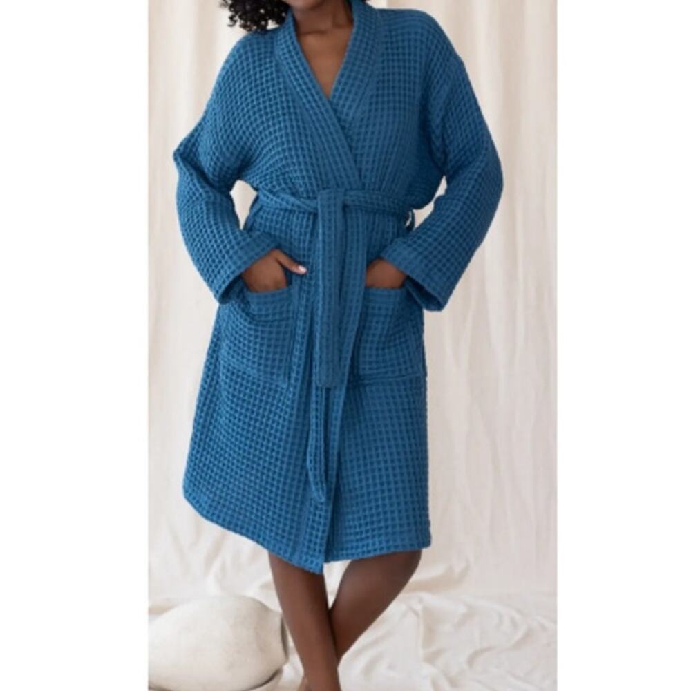 Viva Maison Women's Indigo Blue Turkish Cotton Waffle Kimono Bathrobe Size L/XL